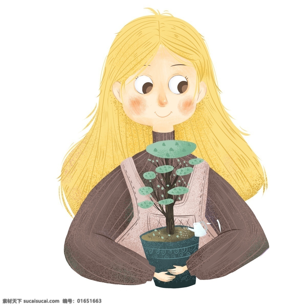 手绘 复古 抱 花盆 女孩 复古肌理 卡通 儿童 人物 插画 清新设计