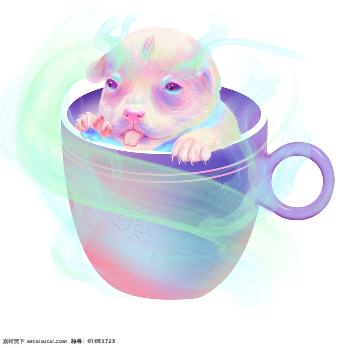 彩绘 梦幻 杯子 里 小狗 创意 茶杯 插画 psd设计