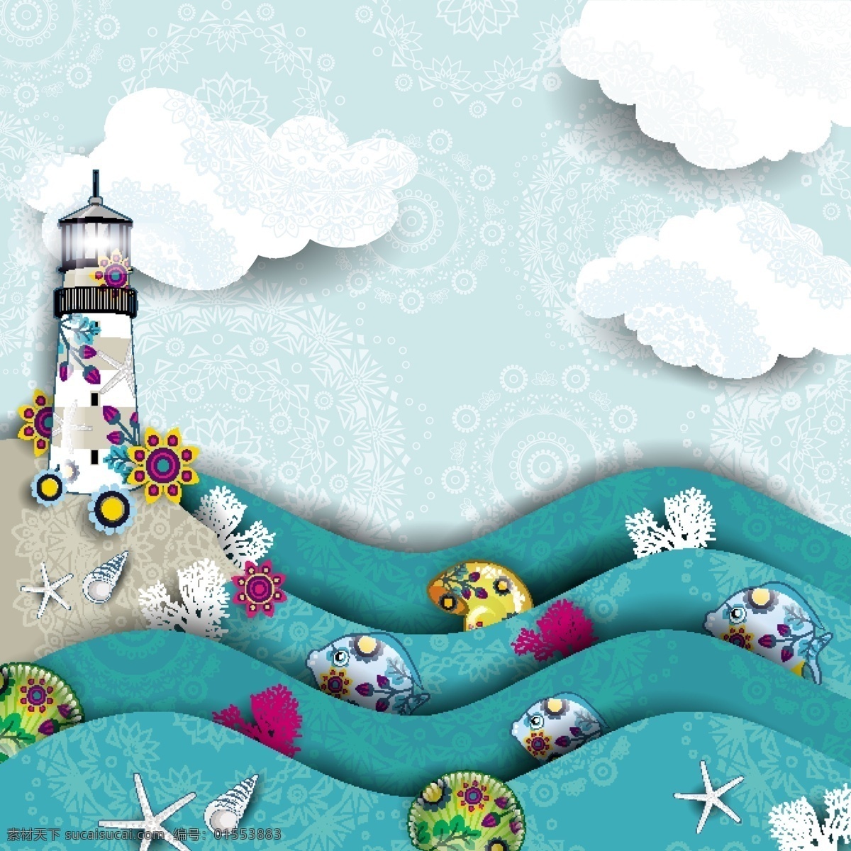 夏日 沙滩 海洋 帆船 矢量 海浪 灯塔 风景 创意 涂鸦 小清新 卡通 填充 插画 背景 海报 广告 包装 印刷 夏天