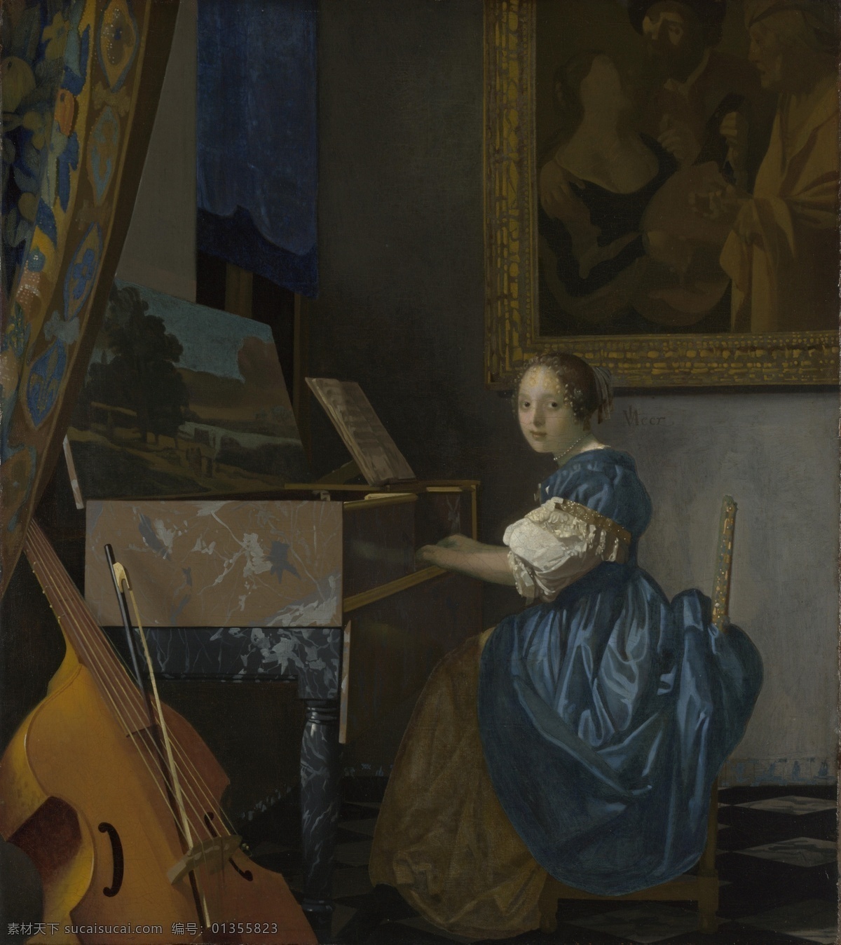大师油画 弹钢琴 房间 古典 绘画书法 人物 提琴 古琴 旁 年轻 女子 维米尔 经典油画 油画 文化艺术 装饰素材