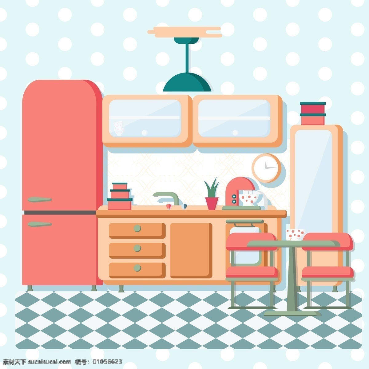 温馨 卡通 厨房 插画 场景 冰箱 粉色 时尚 厨具