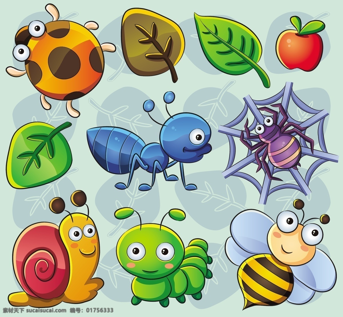 可爱卡通昆虫 昆虫 卡通 蚂蚁 金龟子 蜗牛 蜜蜂 蜘蛛 毛毛虫 树叶 苹果 卡通矢量素材 矢量