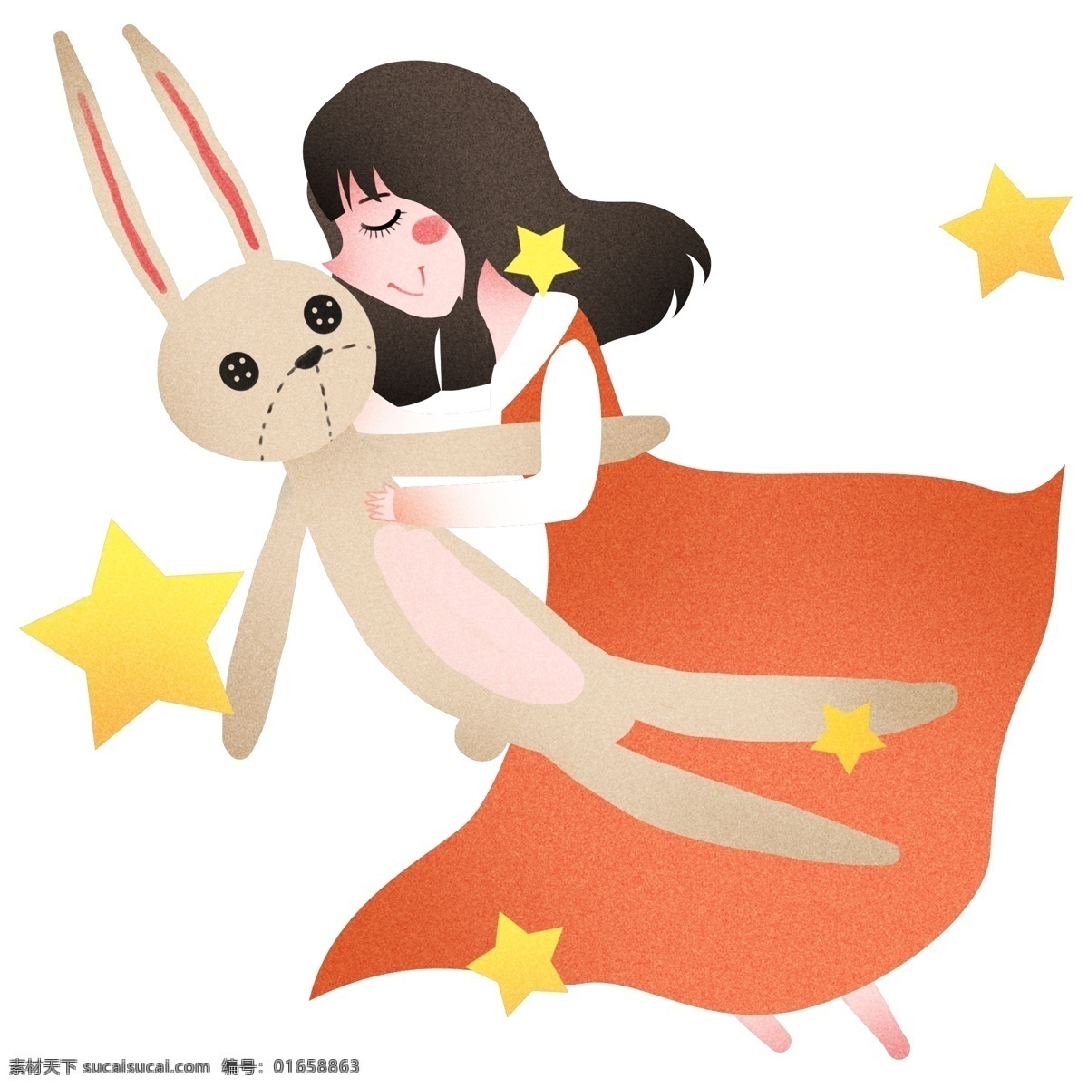 抱 兔子 睡觉 女孩 世界 睡眠 日 插画 抱着兔子睡觉 黄色的星星 灰色的小兔子 熟睡的女孩 卡通人物