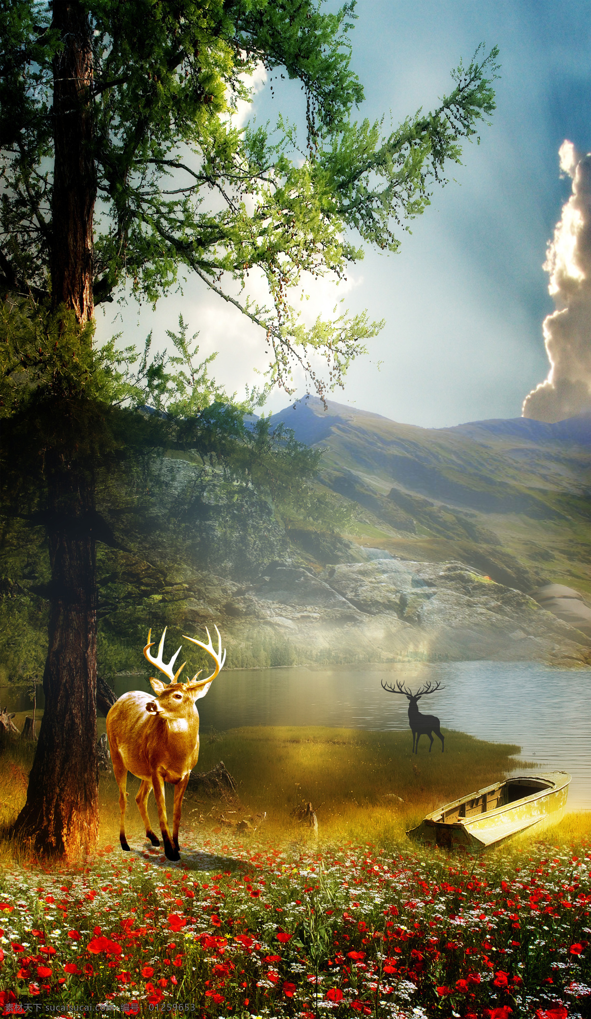 麋鹿 风景 风光 山脉 油画 树木山脉 湖泊 植物 复古 欧式 画 绘画 装饰画 自然景观 山水风景