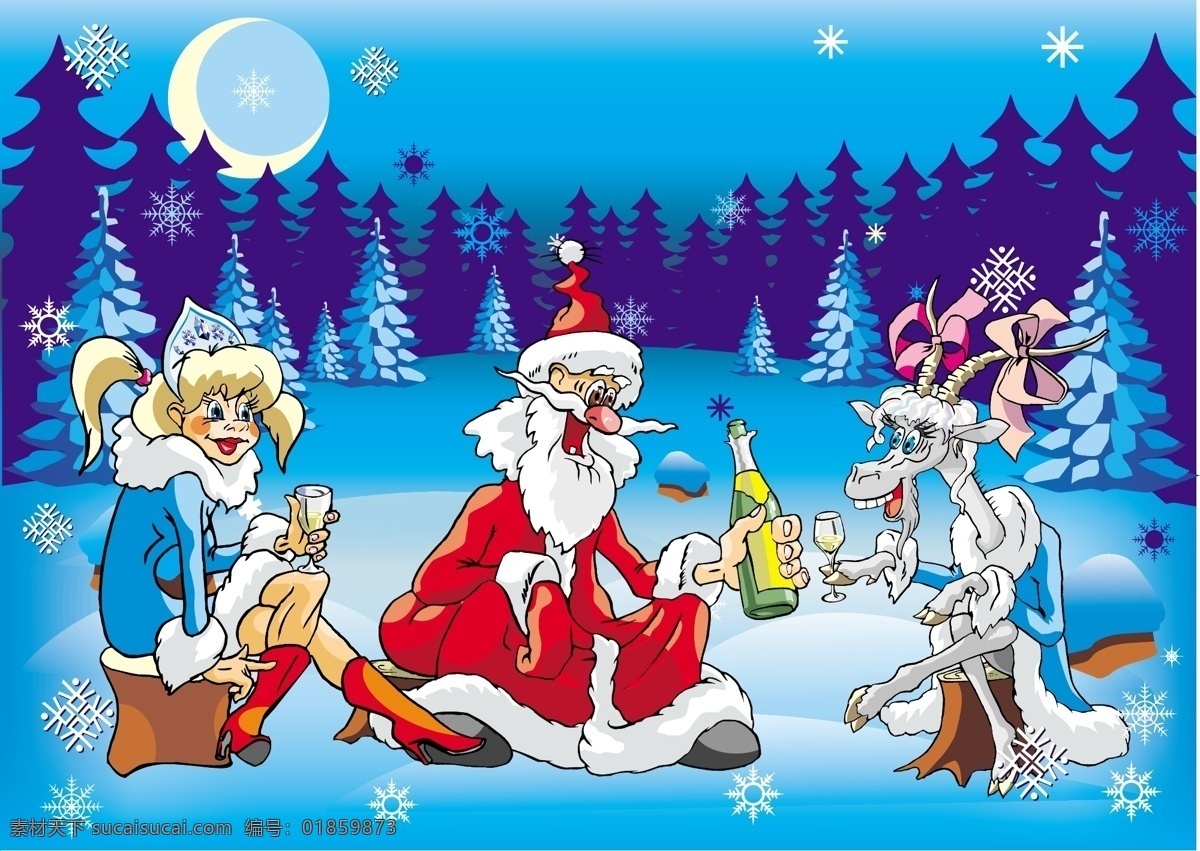 卡通 圣诞节 童话 场景 矢量图 卡通女孩 木屋 圣诞老人 卡通山羊 松树林 节日素材 其他节日