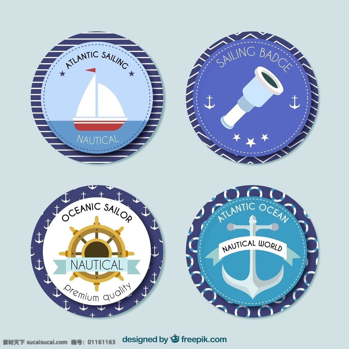 款 蓝 航海 元素 徽章 矢量 帆船 望远镜 船锚 船舵 条幅 丝带 标签 矢量图