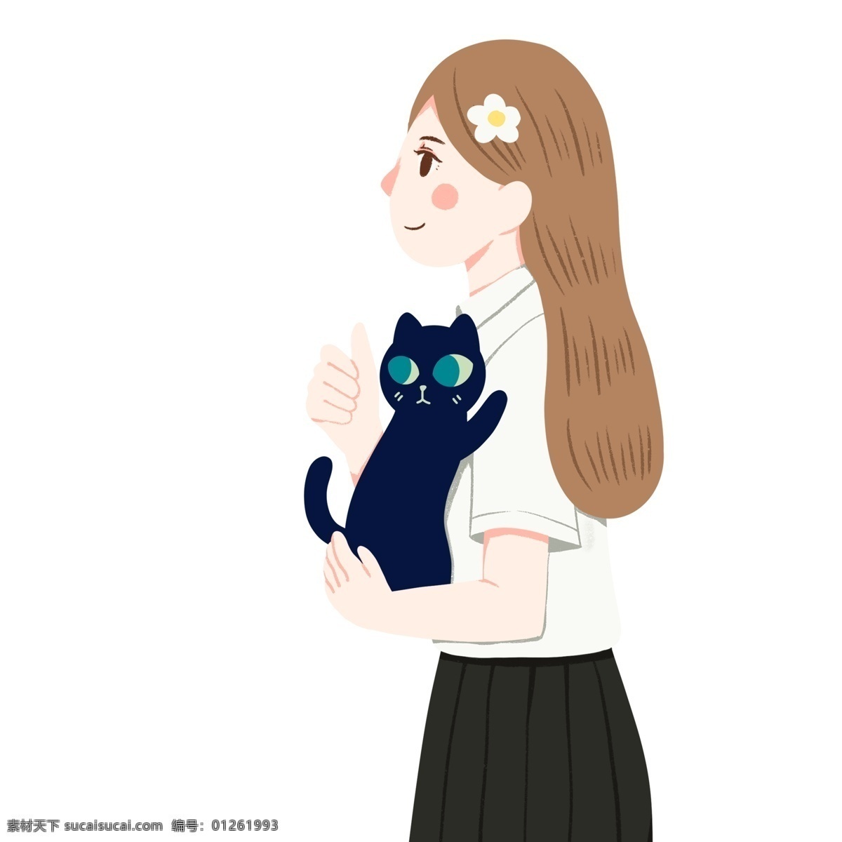 温馨 手绘 抱 只 猫咪 女孩 小清新 插画 黑猫