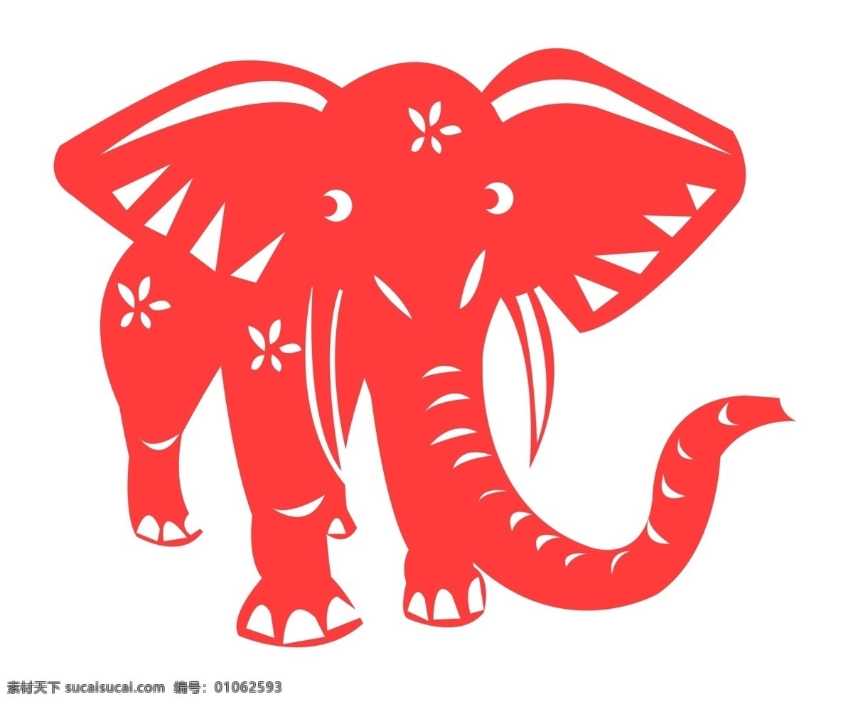 手绘 大象 剪纸 插画 大象剪纸 大象插画 手绘大象 卡通动物 插图 象 长鼻子 红色大象