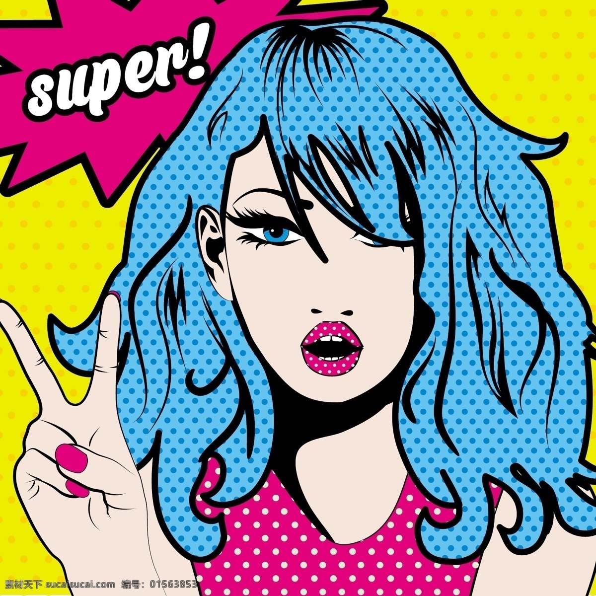 蓝 发 美女 欧美 卡通 海报 漫画 风格 人物 矢量 拍照 风景 插画 手绘 扁平化 矢量素材