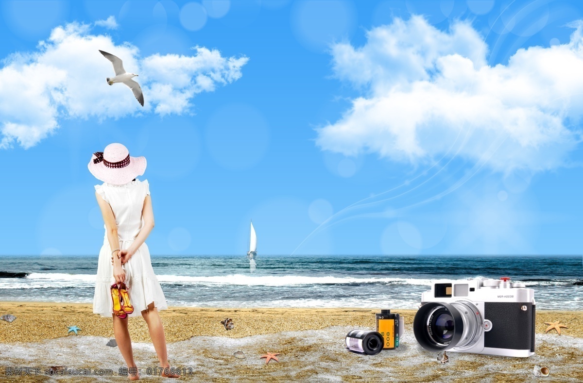 分层 白云 贝壳 帆船 海边 海面 海鸥 胶卷 沙滩 海边素材下载 海边模板下载 人物 美女 相机 摄像机 蓝天白云 清新 源文件 psd源文件