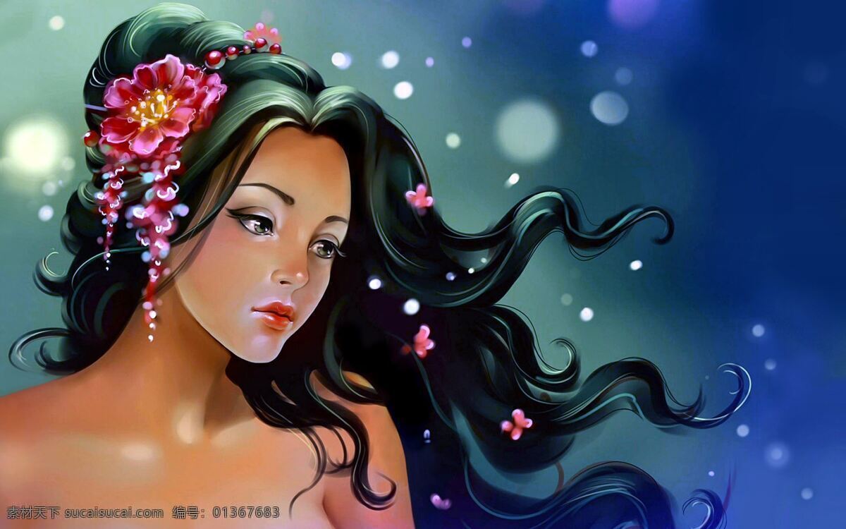 动漫 女孩 cg 动漫动画 动漫女孩 动漫人物 黑发 花朵 漫画 炫彩 矢量图 现代科技