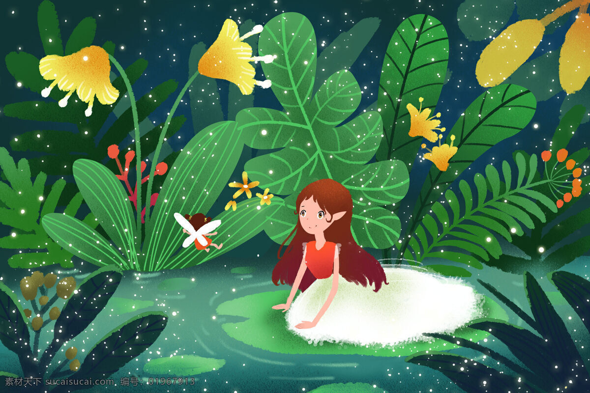 故事插画 梦幻童话 百花齐放 春暖花开 蝴蝶 童话世界 花瓣 梦幻故事场景 童话 手绘卡通 蒲公英 可爱的小女孩 公主 树叶 花丛