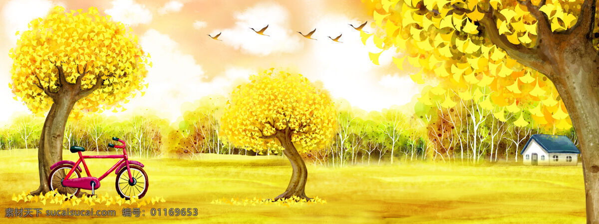 金色树木背景 黄色