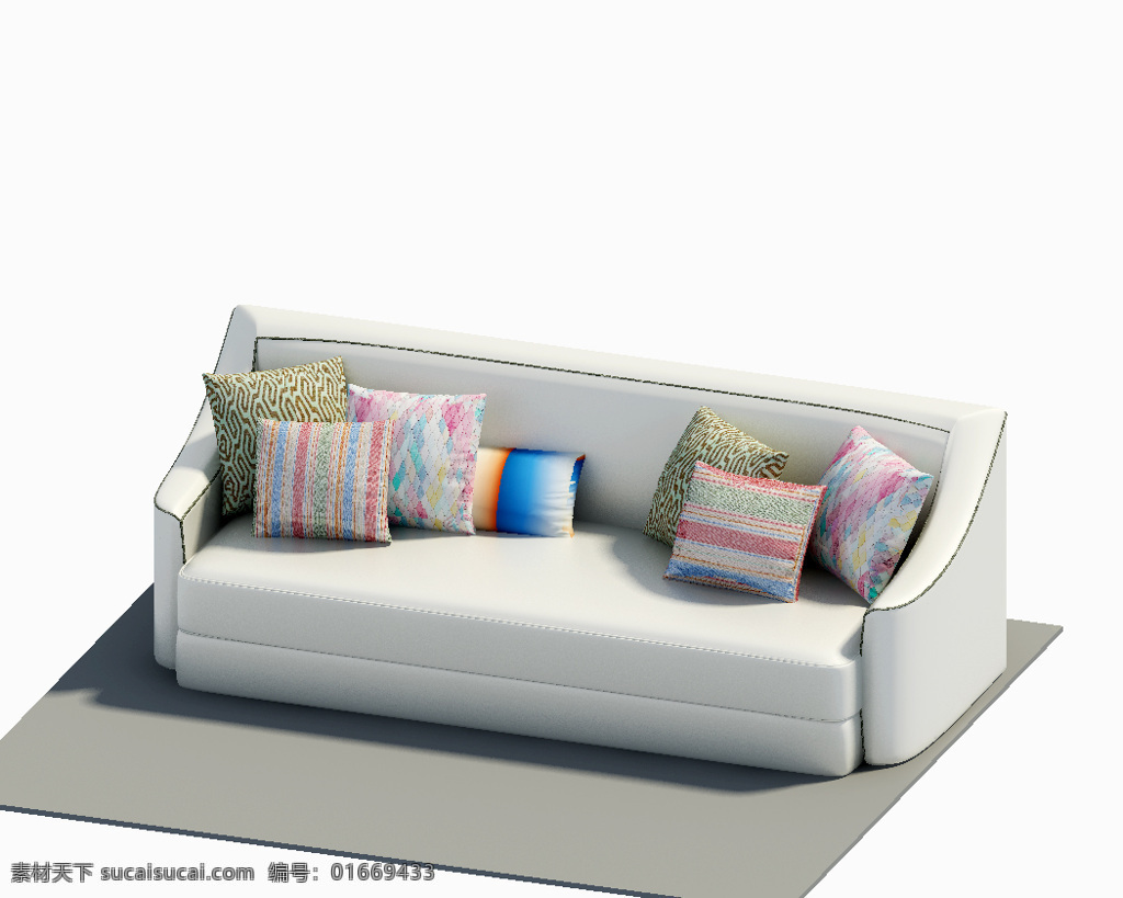白色 皮质 双人 沙发 缝线 彩色抱枕 双人沙发 白底 3d模型沙发 灰色