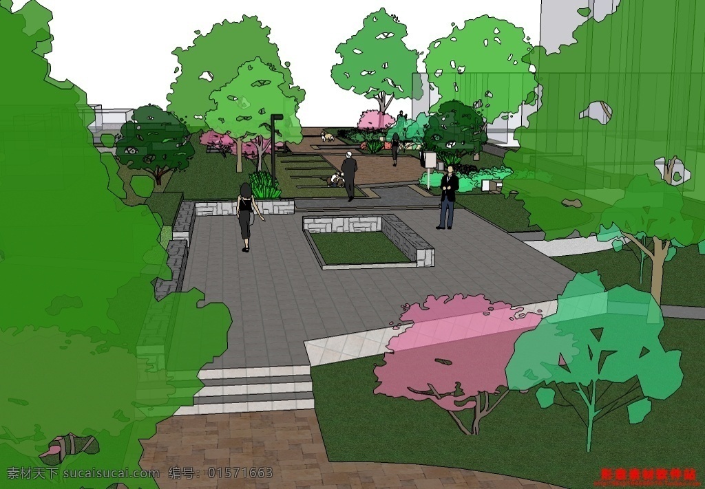 小院广场 广场 园林 景观设计 skp 3d模型 树木 园林设计 室外 小区广场 悠闲 花坛 绿化带 休息区 小院 绿色