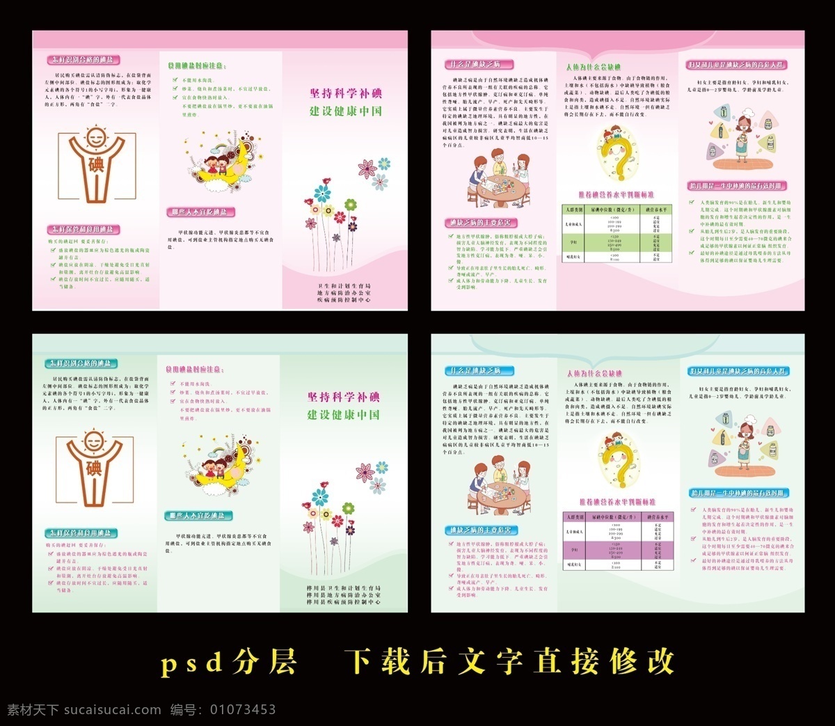 坚持科学补碘 注意事项 不易吃碘人群 合理补碘 碘标志 碘缺乏 碘缺乏危害 为什么会缺碘 碘营养标准表 碘缺乏人群 传单 海报 粉色 绿色