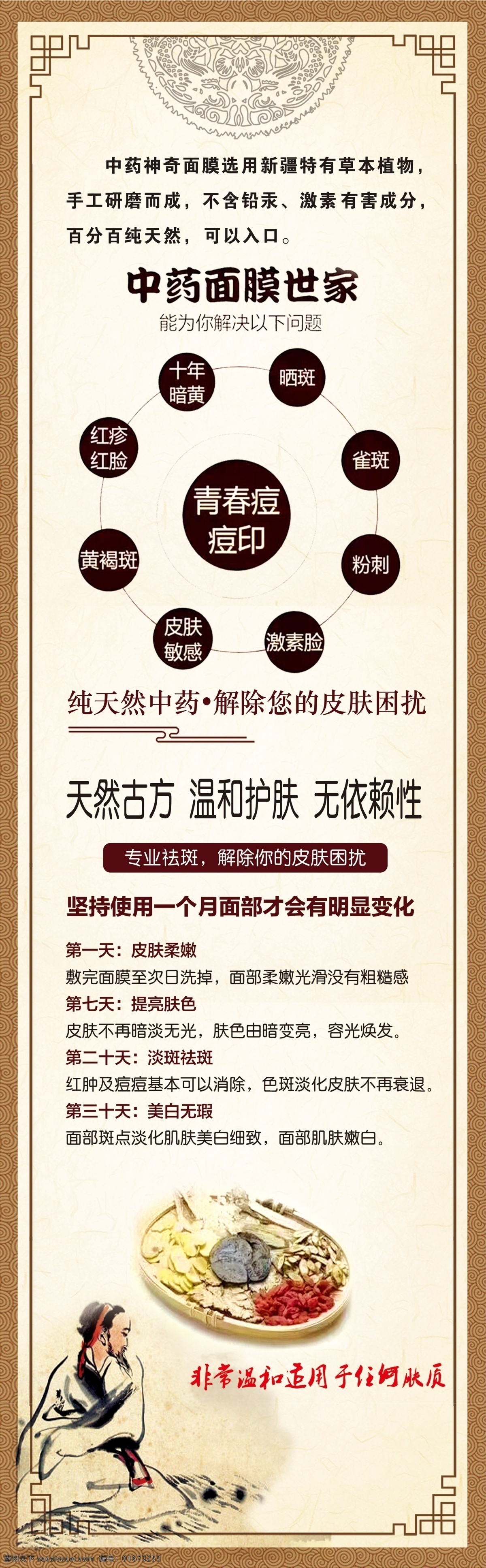 中药面膜 展架 美女敷面膜 养生 古典背景 药材 作用 分层