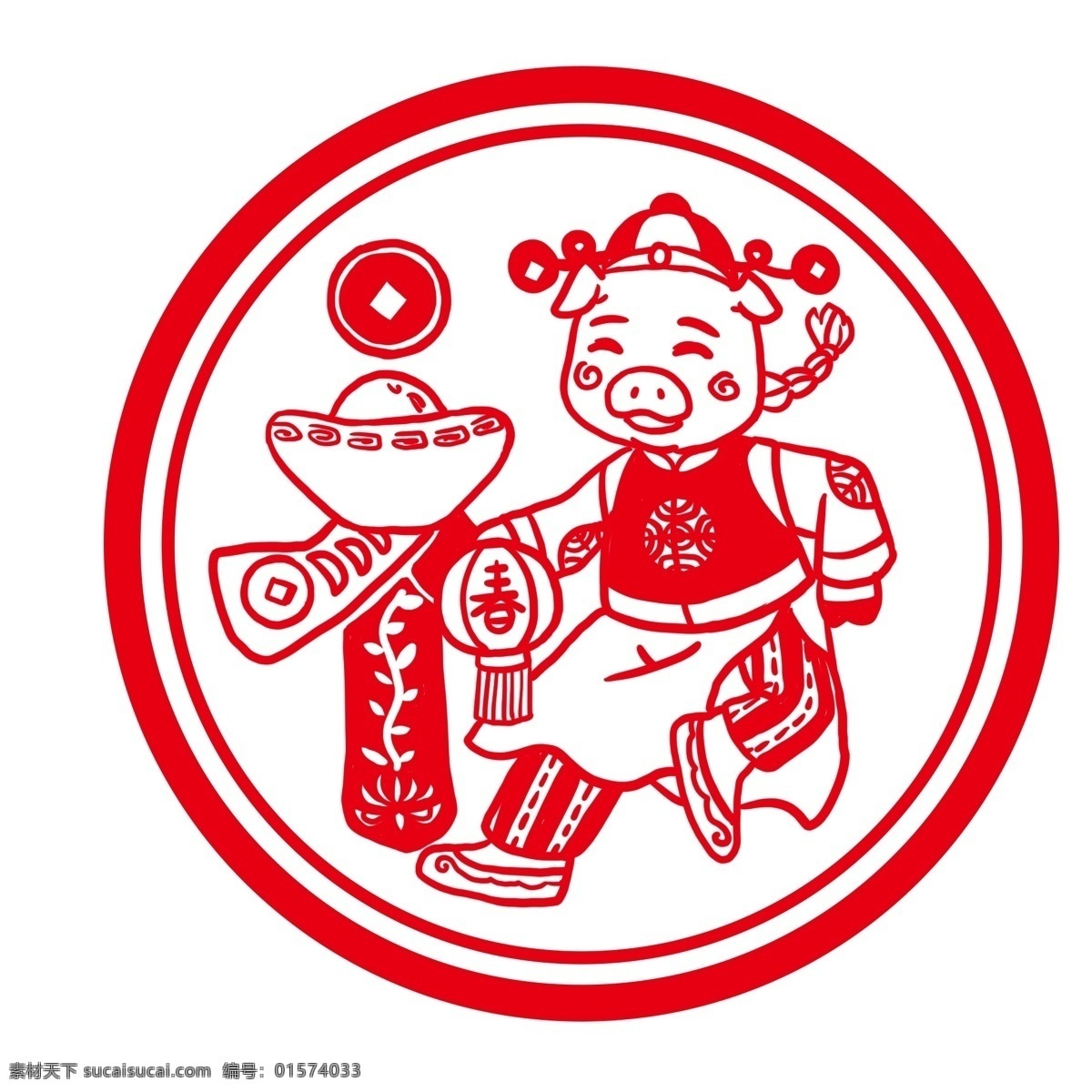 福 字型 小 猪 中国春节 新年好 剪纸窗花 红色喜庆 可爱的小猪 喜庆吉祥 圆形剪纸 福字型的小猪 图像