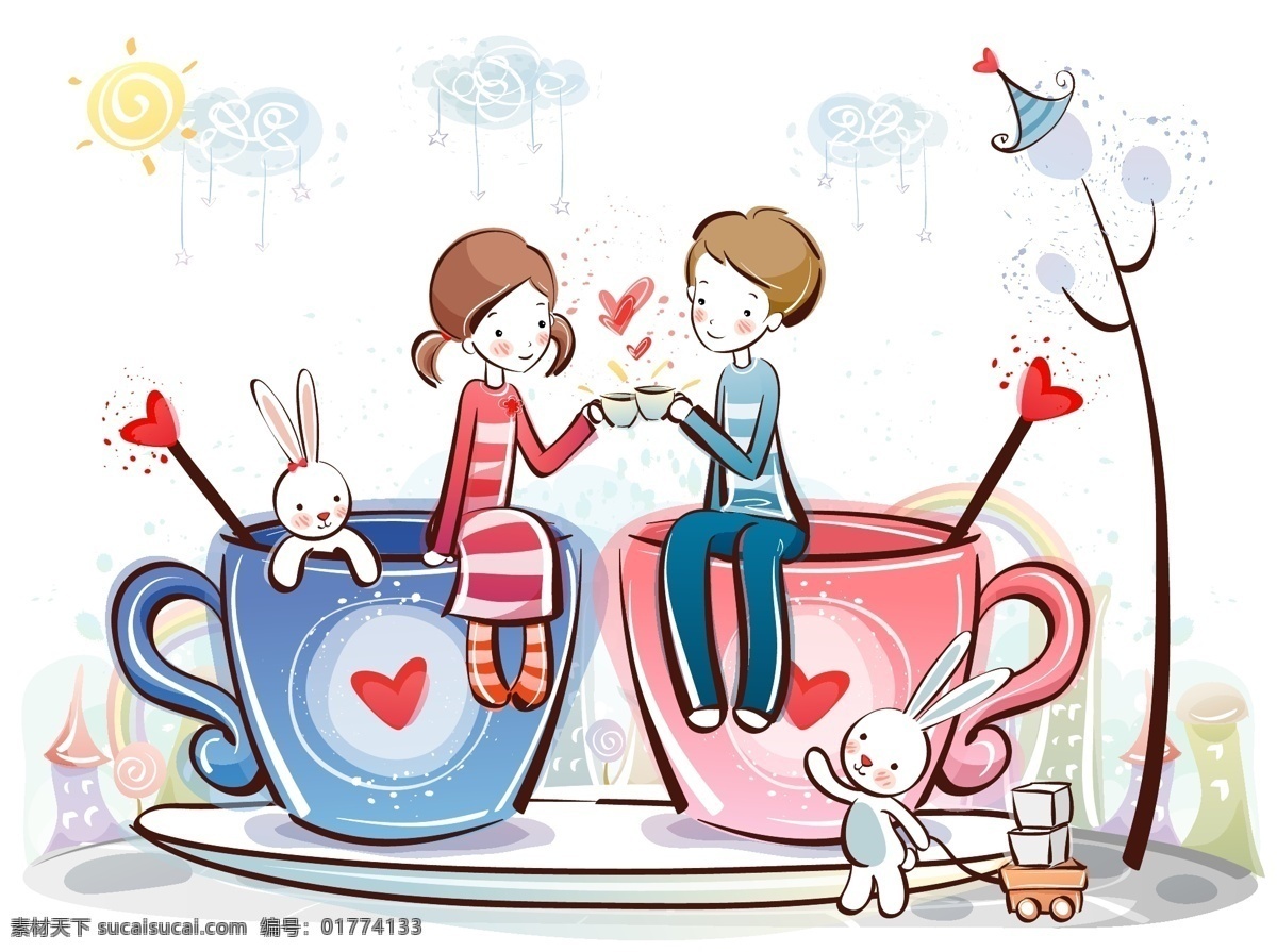 杯子 里 情侣 插画 童话 矢量图 矢量人物