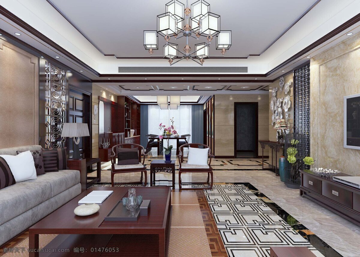 新 中式 客厅 效果图 新中式 红色家具 室内 图 茶几 沙发 餐桌 环境设计 室内设计