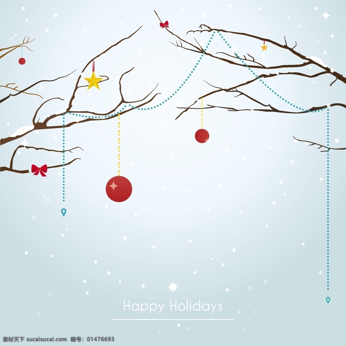 冬季 圣诞节 贺卡 背景 矢量 蝴蝶结 枯树 圣诞节装饰 雪花飘 冷峻的树枝 小彩球 矢量图 其他矢量图