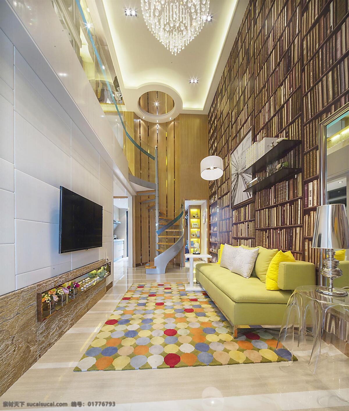 欧式 客厅 水晶 吊灯 装修 室内 效果图 白色射灯 彩色格子地毯 电视机 黄色沙发 浅色 电视 背景 墙 台灯