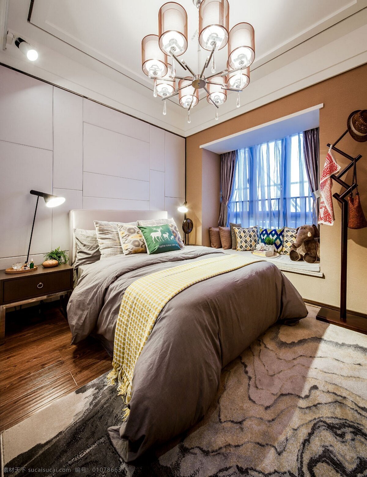 现代 时尚 水晶 吊灯 卧室 室内装修 效果图 卧室装修 木地板 毛地毯 飘窗 台灯