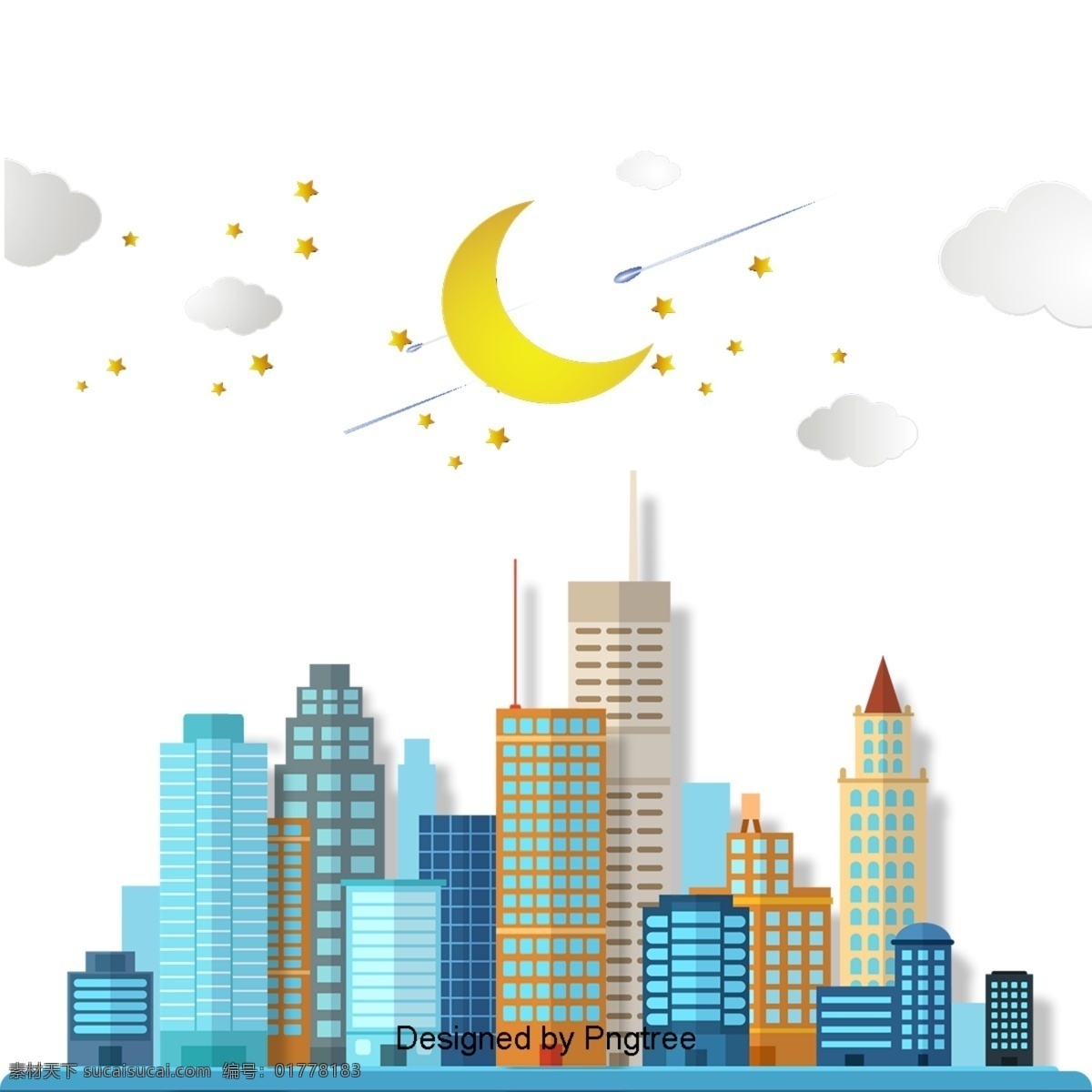 美丽 的卡 通 可爱 手绘 城市 卡通 星星 月亮 云 高层 流星