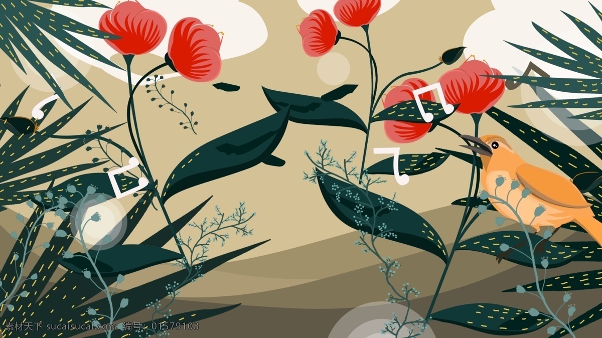 自然 清新 植物 广告 背景 绿叶 云朵 广告背景 手绘 红花