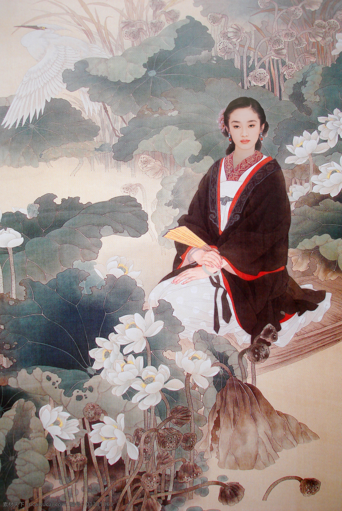 仕女 古代人物 清秀纯真 莲花莲子 小舟 白头翁 文化艺术 绘画书法 设计图库 人物图库 女性妇女