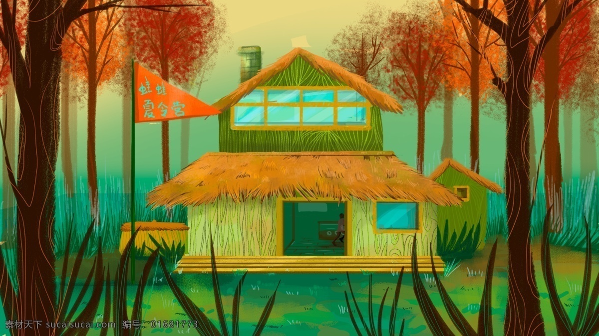 夏令营 森林 中 木屋 植物 暑假 宣传 壁纸 原创 商业插画 假日 夏天 海报 社交媒体