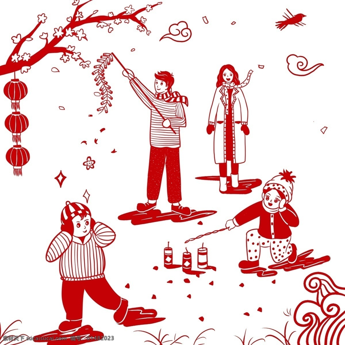 过年 一家人 放 鞭炮 传统 节日 喜庆 中国风 剪纸 红色 放鞭炮 爸爸 妈妈 孩子 高兴 幸福