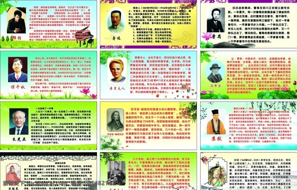 名人展板 名人名言 名人简介 朗郎 鲁迅 曹禺 居里夫人 谭千秋 法布尔 朱光亚 尼可洛 苏轼 戚继光 关羽 名人橱窗 展板橱窗 学校展板 学校橱窗 学校校园文化 展板模板 矢量