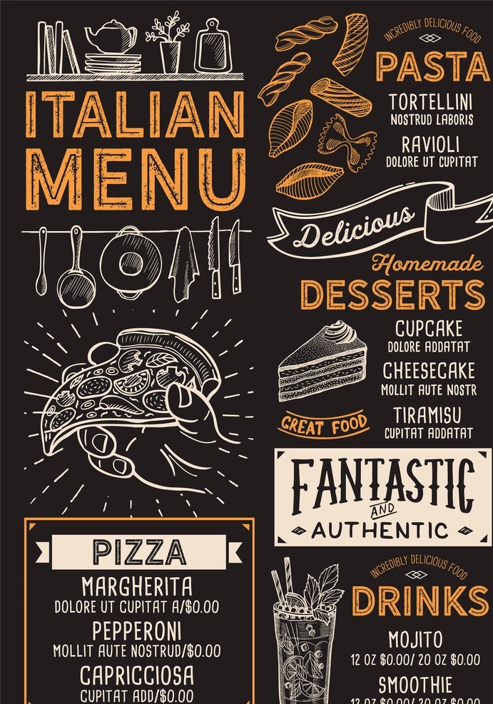 复古 手绘 披萨 创意 菜单 模板 菜单模板 欧式菜单 移门图案