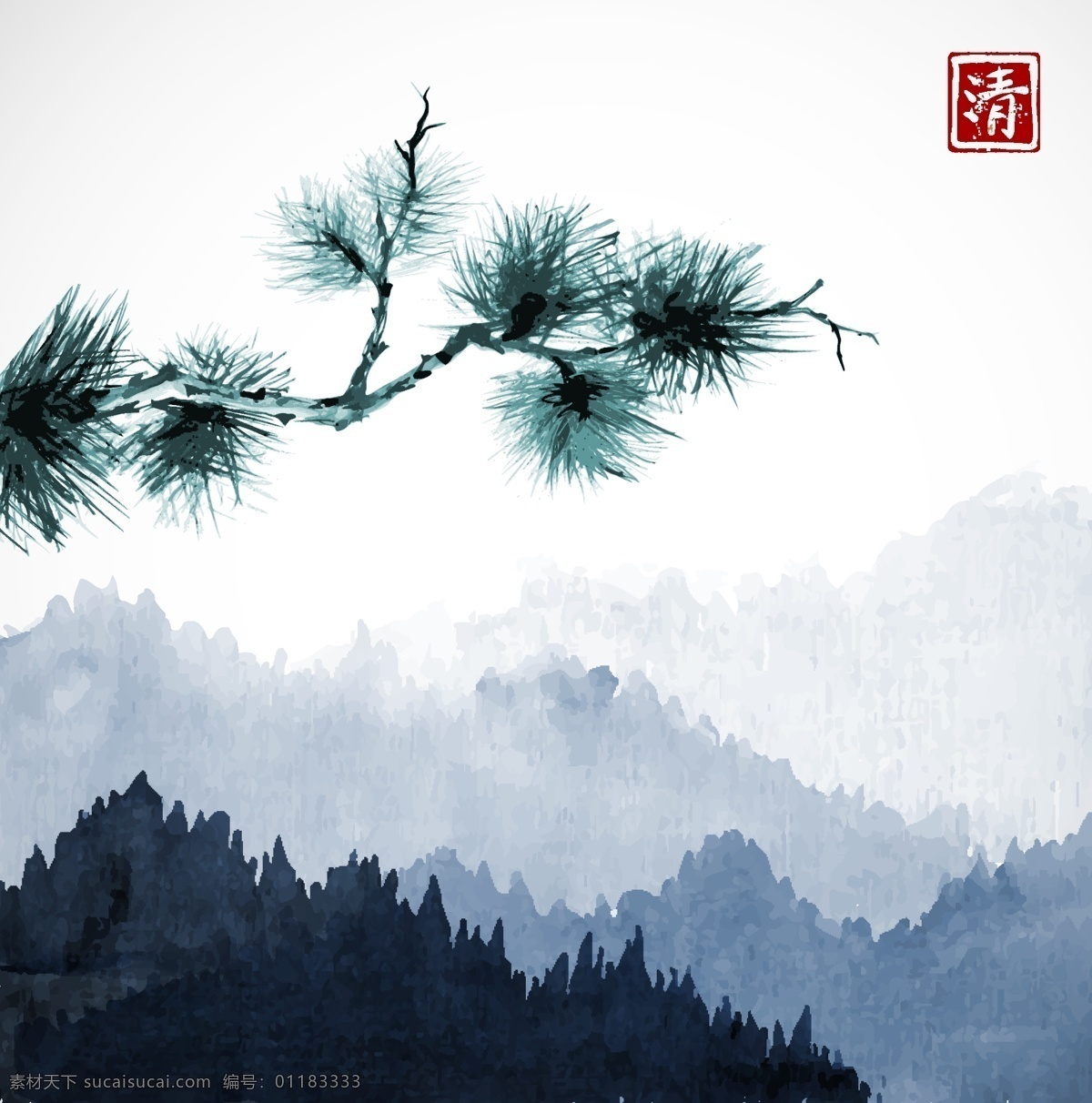 矢量水墨画 矢量松树 一颗松 中国风 中国画 环境设计 景观设计