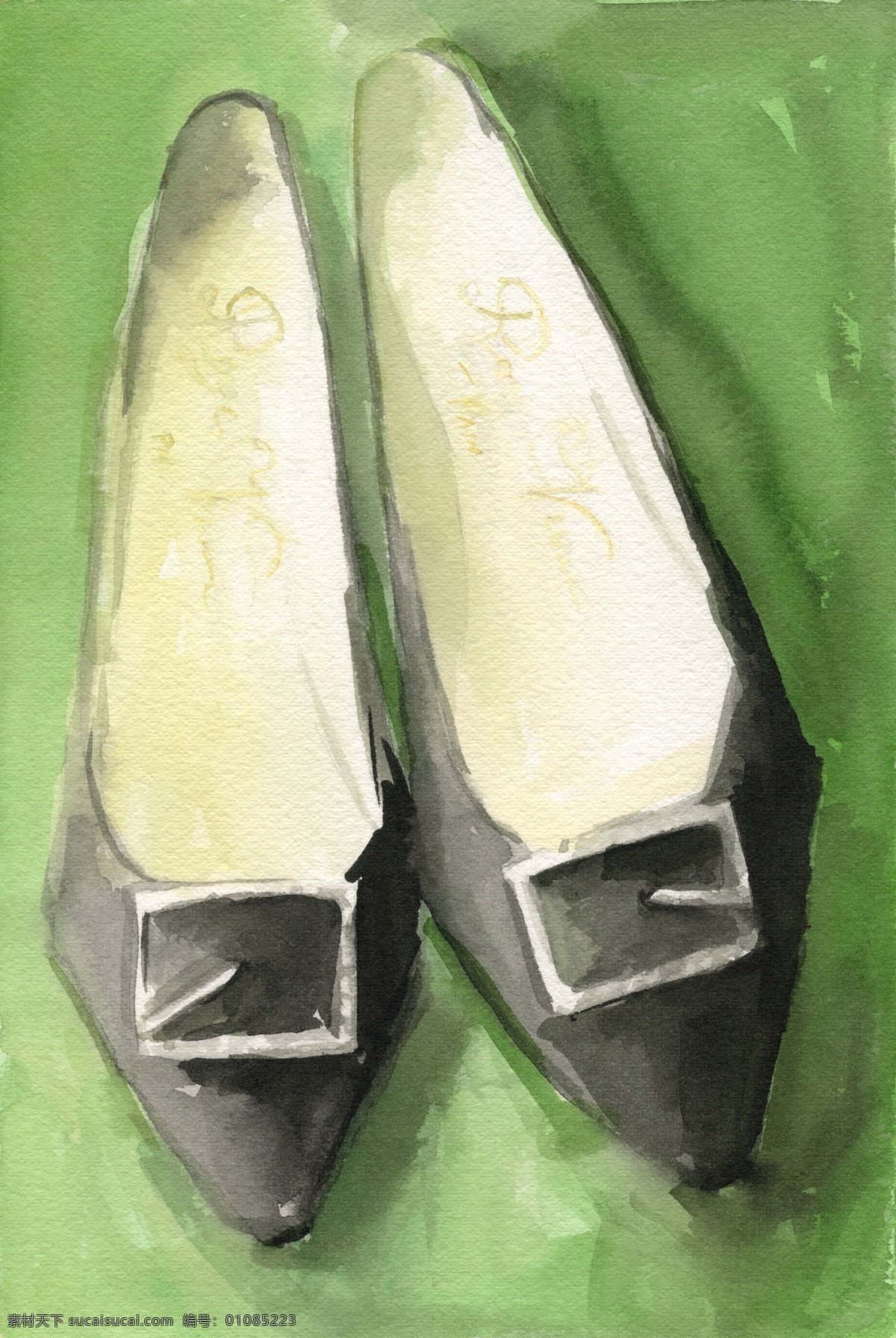 一双鞋子 黑色鞋子 时尚设计 静物 水彩画 装饰画 无框画 板画 白色