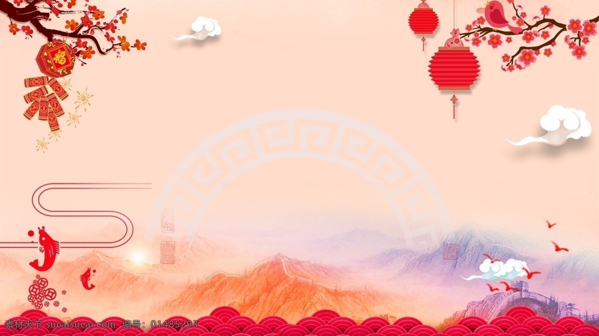 复古 传统 中国 风 新春 背景 中国风 灯笼 鞭炮 祥云 新春背景 春节背景 新年 春节素材