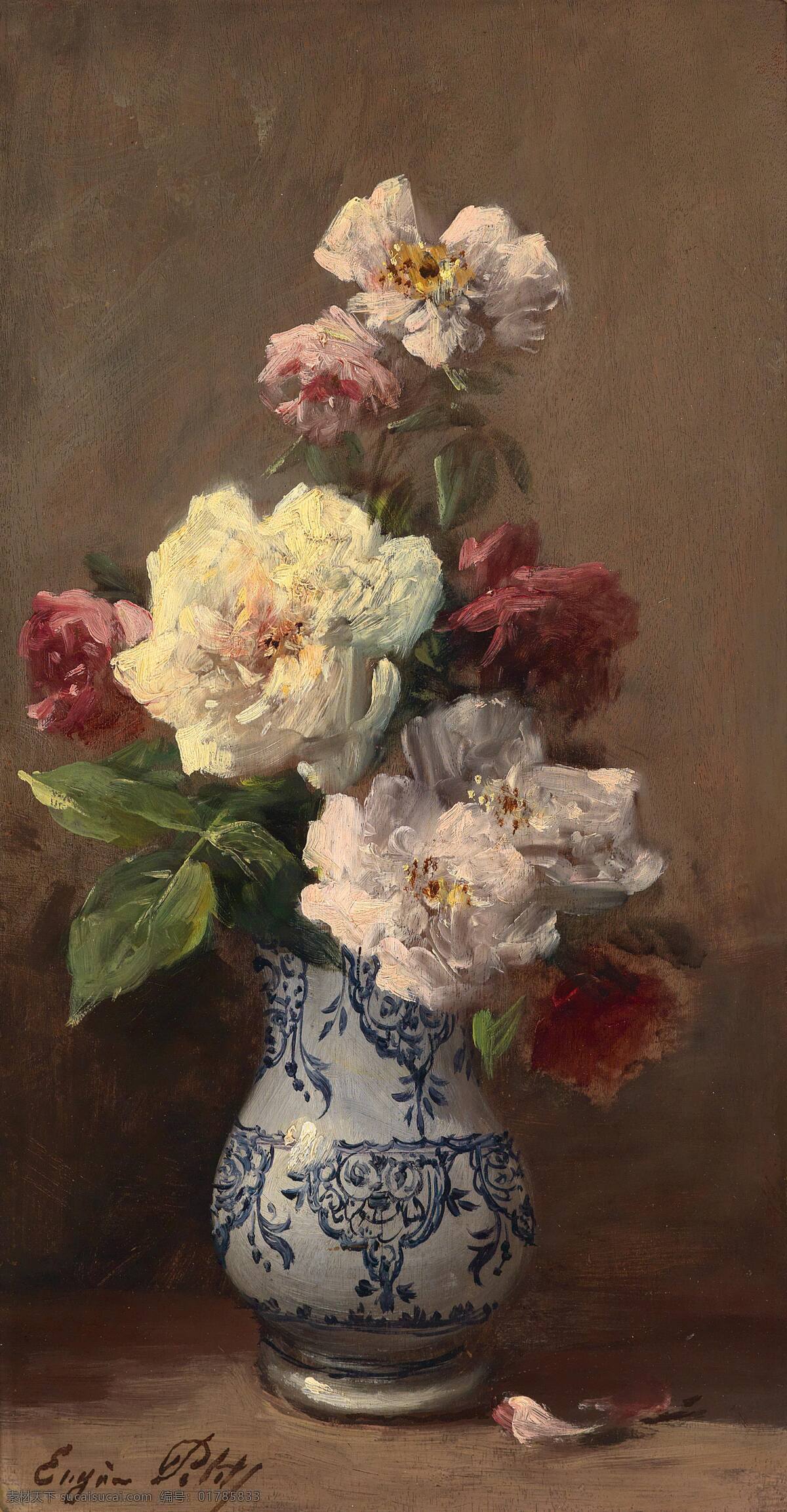 花瓣 花瓶 绘画书法 蓝色条纹 文化艺术 油画 静物 鲜花 设计素材 模板下载 静物鲜花 混搭鲜花 永恒之美 散落 19世纪油画
