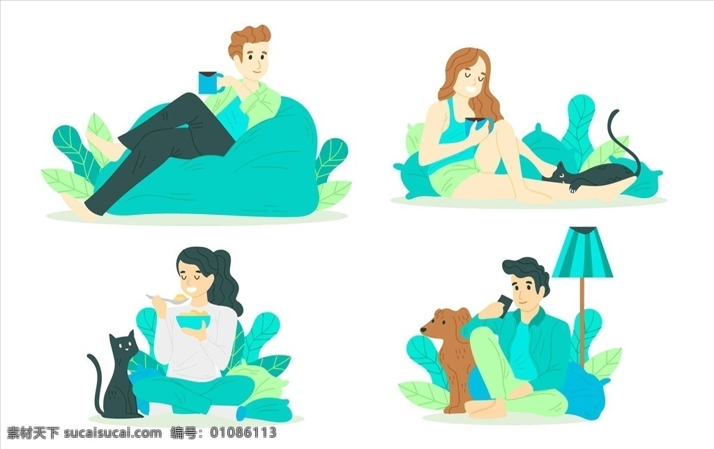 生活人物插画 矢量女人 卡通女人 手绘女人 扁平化女人 女人插画 喂猫女人 女人和猫 宠物猫 矢量妇女 矢量家庭妇女 生活场景女孩 沙发女人 休闲女人 工作女人 加班中女人 喝茶女人 男人休息 男人看手机 男人和狗 人物卡通 人物图库 生活人物
