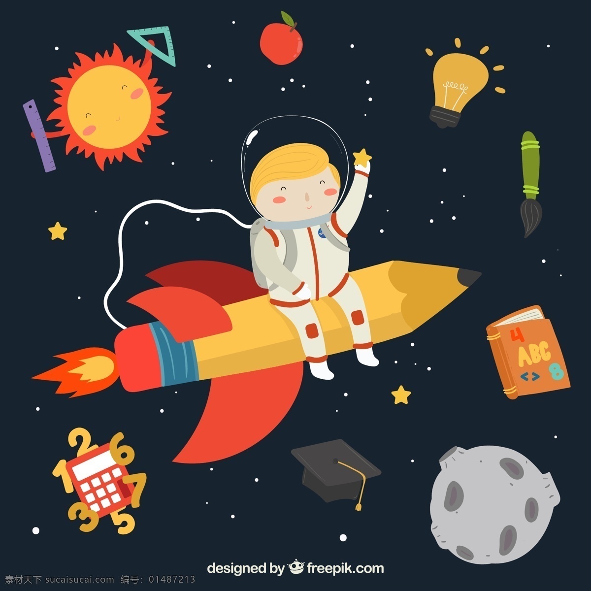 创意 坐 火箭 遨游 太空 男孩 矢量图 三角板 尺子 苹果 博士帽 星星 太阳 书本 计算器 数字 笔 星球 校园 教育 文化艺术 绘画书法