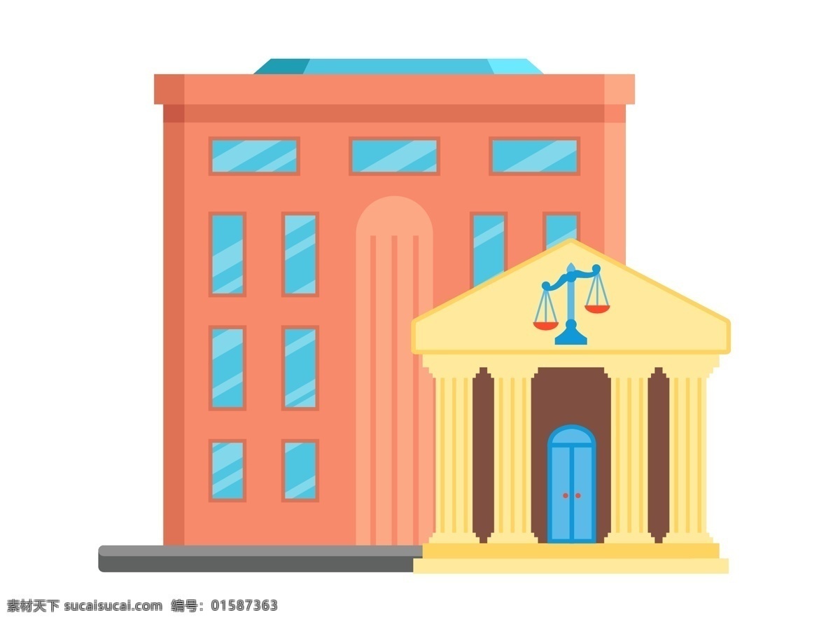 红色 法院 建筑物 插图 红色建筑物 法院建筑物 建筑物平面图 天平 公平公正 执法