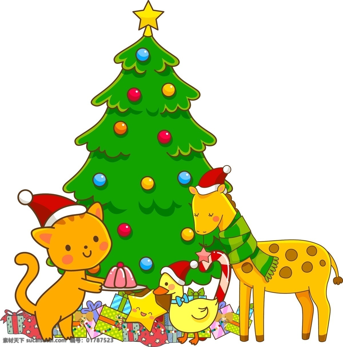 卡通 手绘 圣诞节 矢量 插画 矢量图 圣诞树 节日 长颈鹿 卡通手绘 圣诞礼物 小猫 小鸭子 christmas