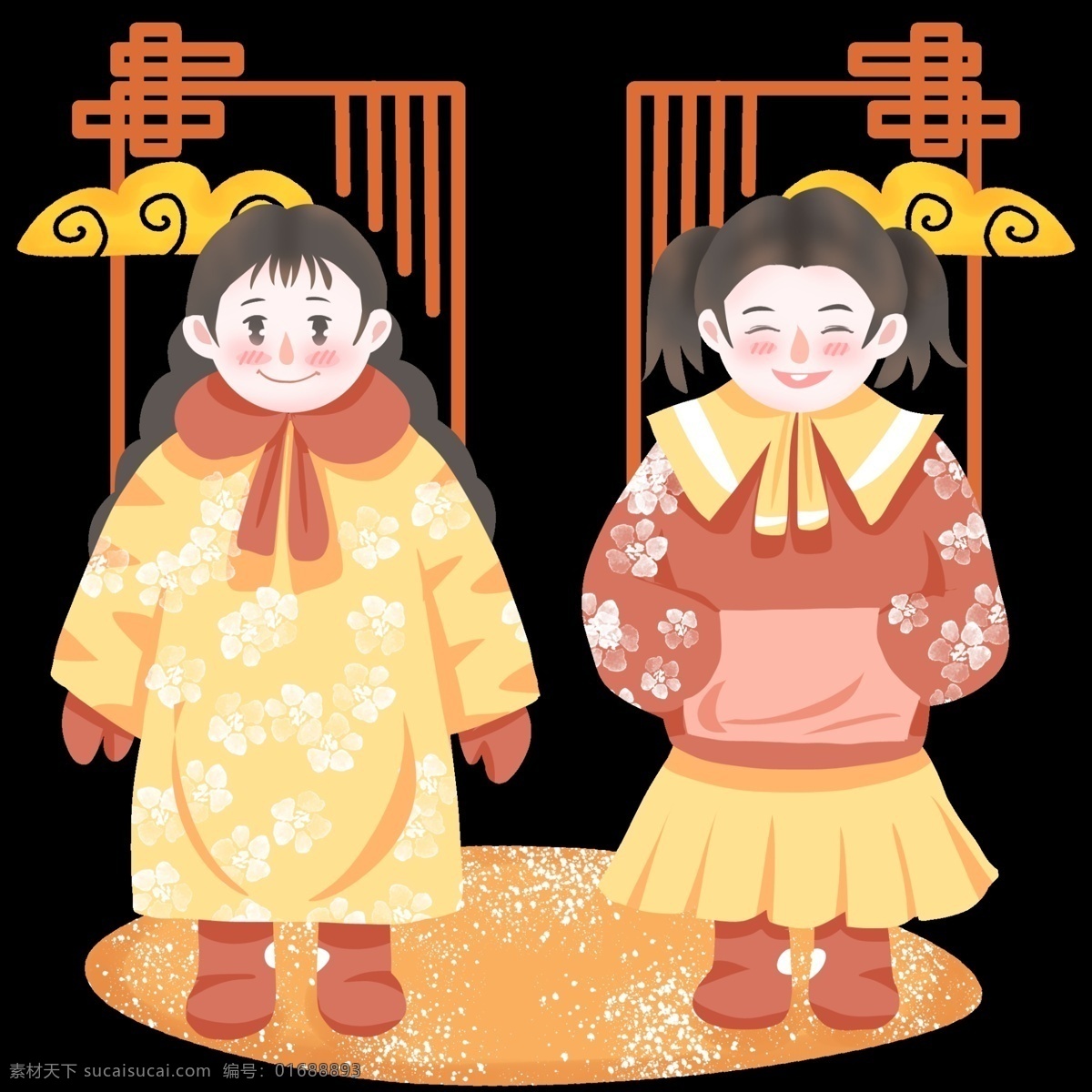 猪年 中式 女孩 贺年 图 新年 中国风边框 红色 手绘卡通人物 2019 农历 金黄祥云 儿童 插画