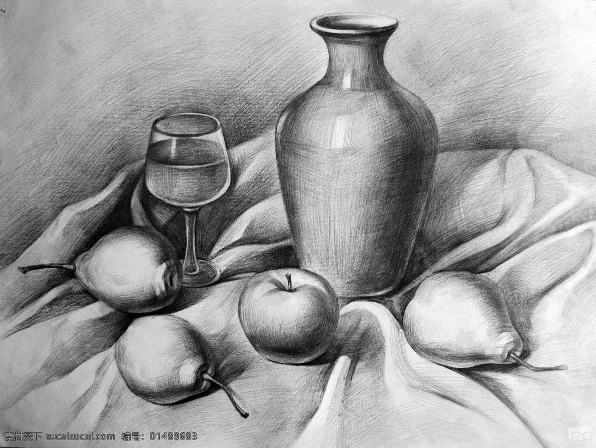 素描 素描静物 静物素描 素描作品 罐子 高脚杯 苹果 艺术绘画 文化艺术 绘画书法