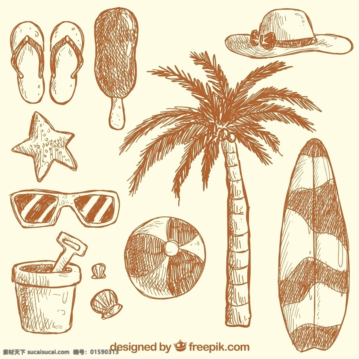 手绘 夏天 元素 海滩 冲浪 棕榈树 绘画 太阳镜 棕榈 沙滩 手工 抽纱 夏令时