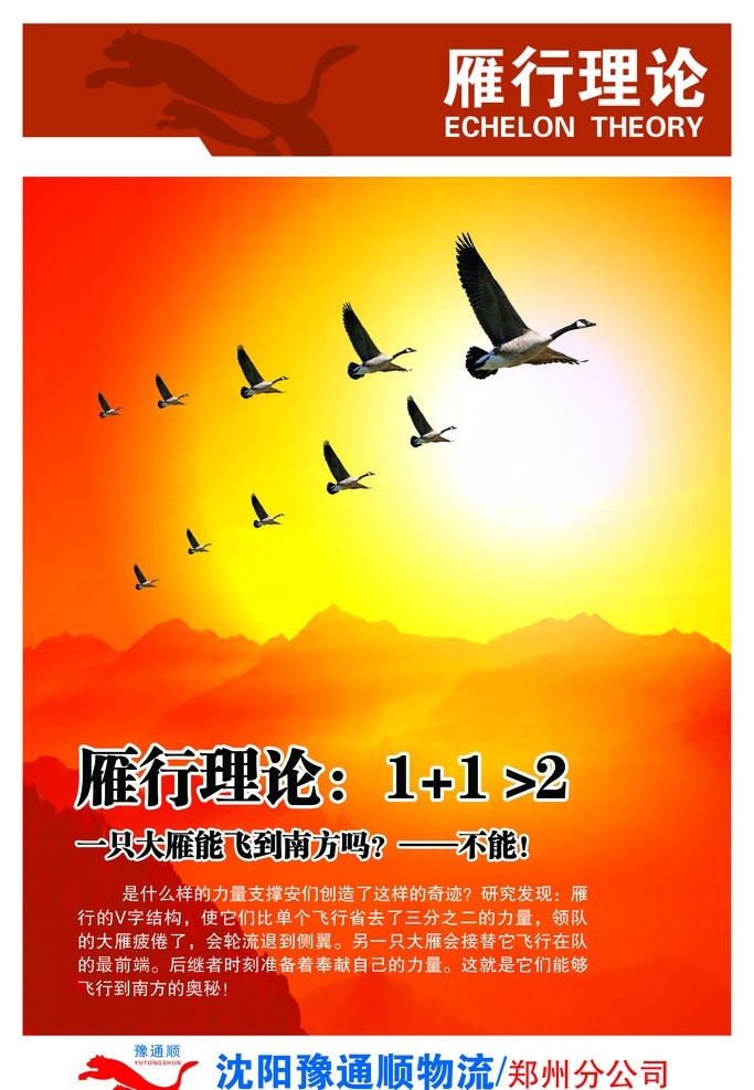 豫顺 通 物流 展板 大雁理论 大雁 落日橙色背景 群山云雾 人字行大雁 合作 展板模板 广告设计模板 源文件