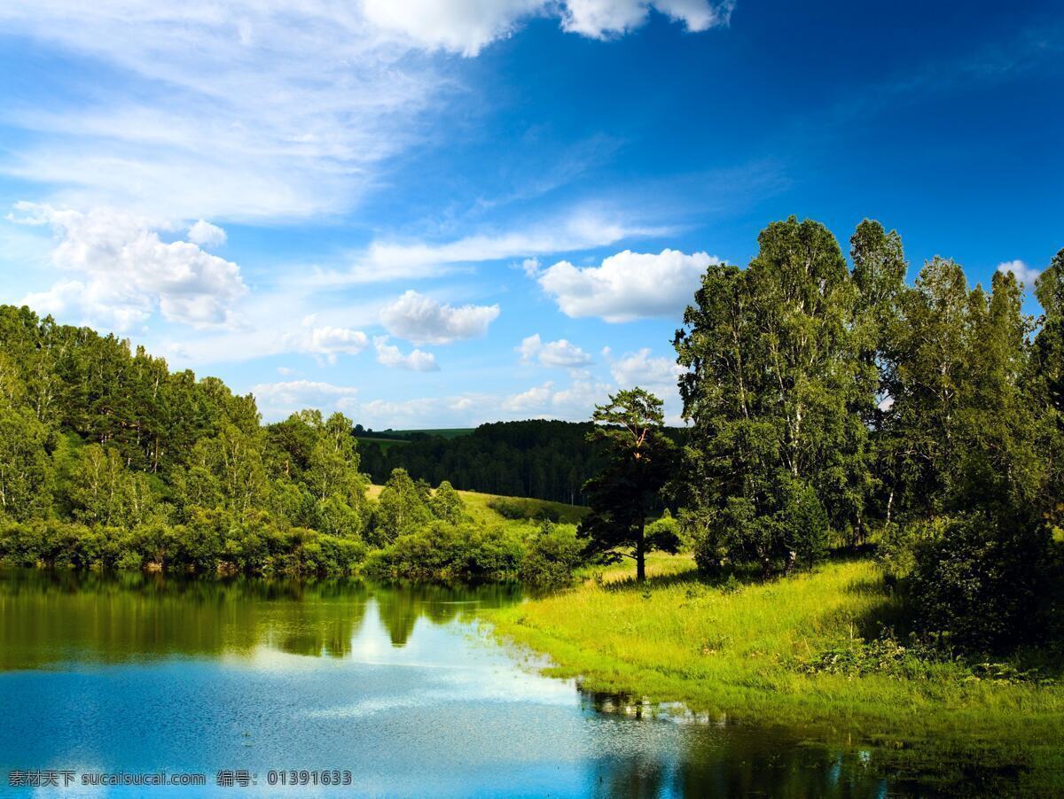 湖 湖面 湖水 草地 风景 春天 夏天风景 春天风景 蓝天 白云 蓝天白云 天空 森林 树林 树 树木 大树 草坪 微风 波浪 松树 原始森林 倒映 山水风光 湖面风光 湖边草坪 湖边树林 自然山水风光 美景 大自然 自然景观 山水风景