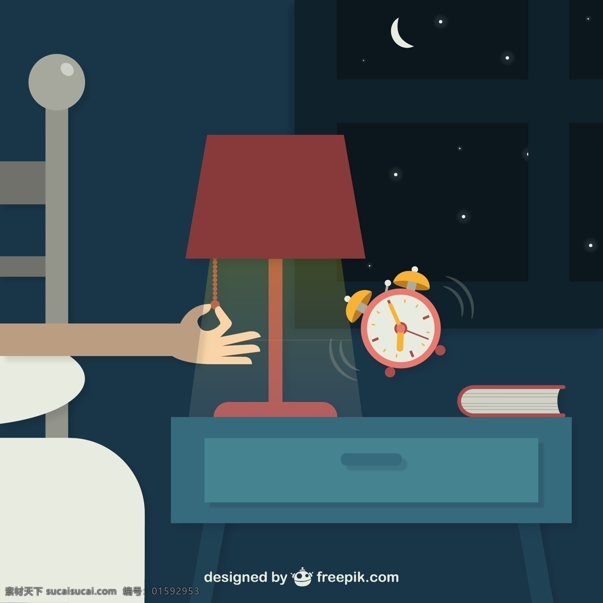 夜间闹钟插画 夜间 闹钟 台灯 晚上 夜晚 钟表 时钟 时间 书本 书籍 床头柜 手 手臂 插画 背景 海报 画册 卡通设计 黑色