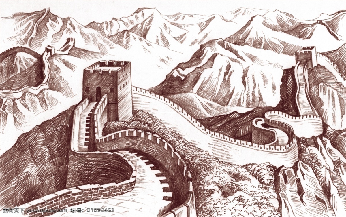 长城 高清 手 绘图 手绘 版画 素描 长城葡萄酒 庄园 分层
