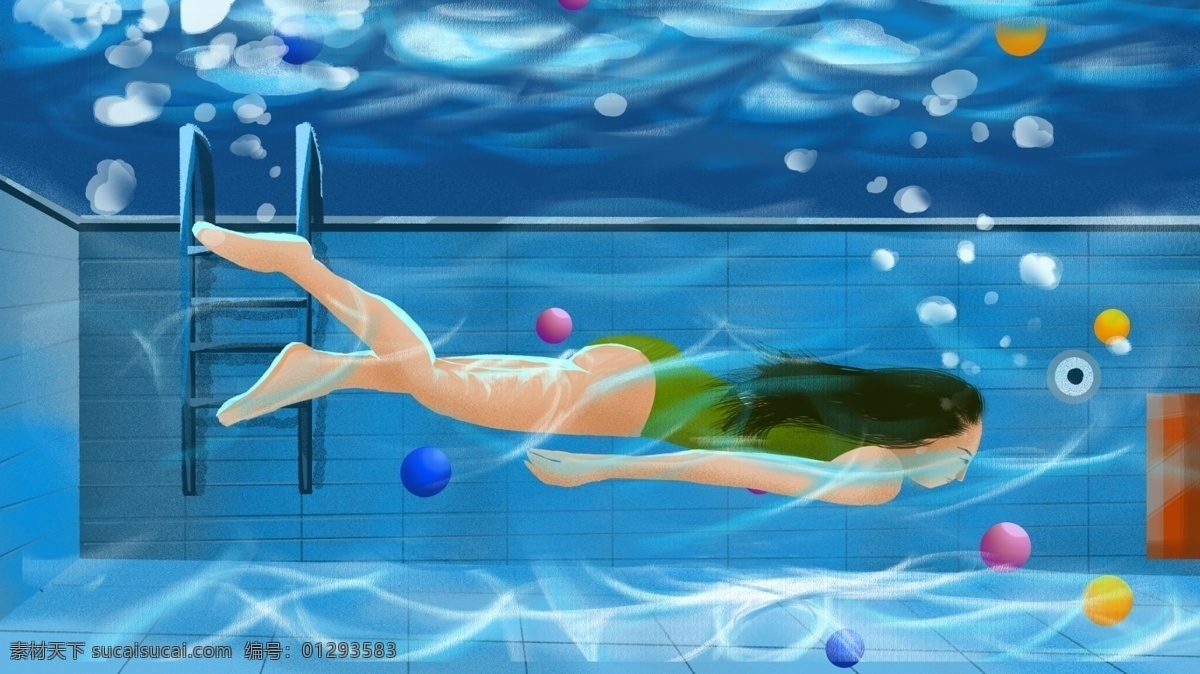 泳池中的少女 游泳 夏日 水纹 宣传 画册 泳池 少女 潜泳 原创 商业插画 海报